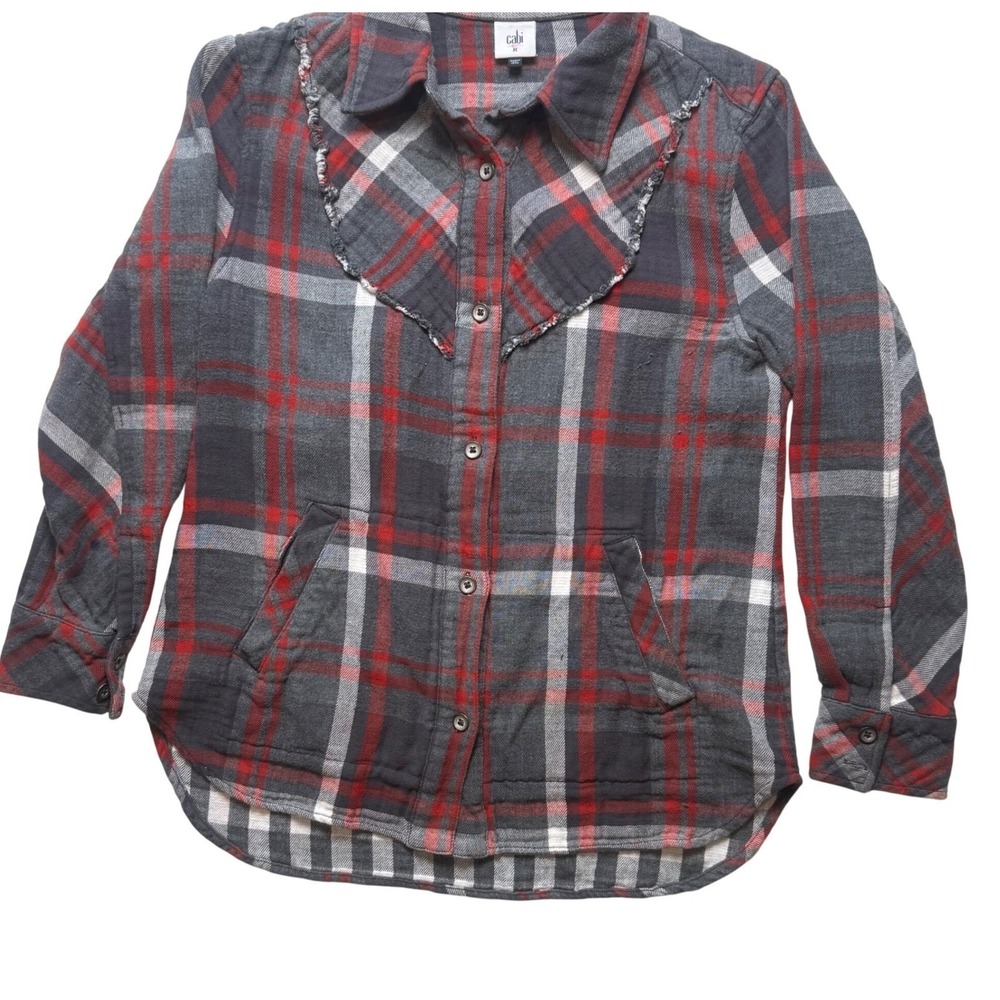 Cabi 4164 Grey Red Plaid Ruffle Front Button Down Flannel Shirt Pockets Womens M